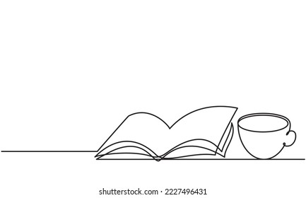 Open book and cup. Continuous line drawing. Coffee, tea and book. Sketch.