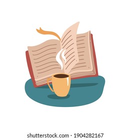 Open book and cup, mug of hot tea or coffee beverage, reading club or book blog logo template, cute flat vector illustration on white background