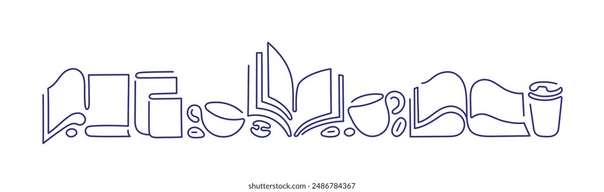 Open book, cup of tea, coffee. Vector line symbol. Work desk for education. Cafe shop, food design. Abstract silhouette graphic design. Editable stroke