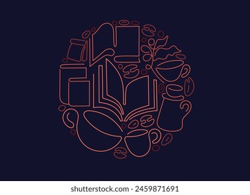 Open book, cup of tea, glass of coffee. Cafe shop, coworking space. Library pattern. Book piles for education. Vector line round symbol. Hot drink. Abstract design. Editable stroke