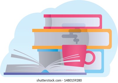 Open book and a Cup of tea on the background of a stack of books. Template, icon for learning and education, university and school, cute vector illustration in flat style