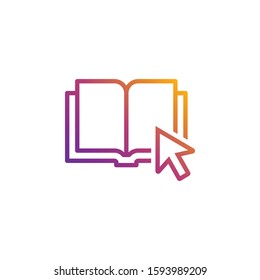 Open book with cursor vector icon in bright gradient colors for internet and online education, e-learning resources, distant online courses, universities and schools.
