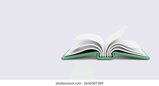 Open Book With Curved Pages In Minimal 3D Style, Floating On Light Background, Perfect For Education, Reading, Or Knowledge Concepts. Clean And Modern Vector Illustration