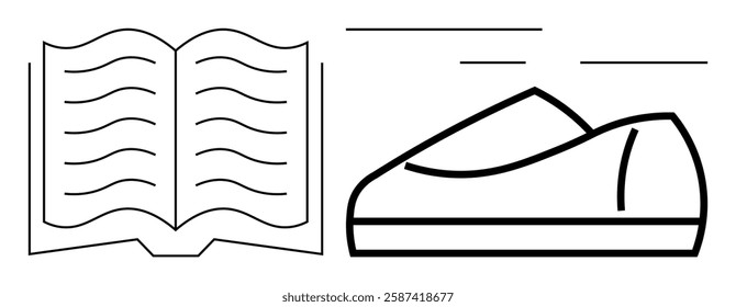 Open book with curving lines, shoe with motion lines. Ideal for education, sports, literature, libraries, reading campaigns, footwear, fitness. Line metaphor