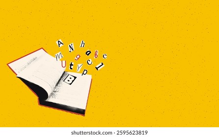 Open book with cut out letters flying out halftone art collage banner template. Vintage dotted texture on bold yellow background. Modern retro vector illustration, sticker for mixed media design