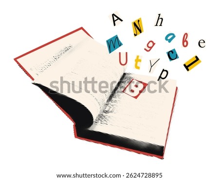 Open book with cut out letters flying out halftone art collage element. Sticker for mixed media design with vintage dotted texture. Modern retro vector illustration isolated on transparent background