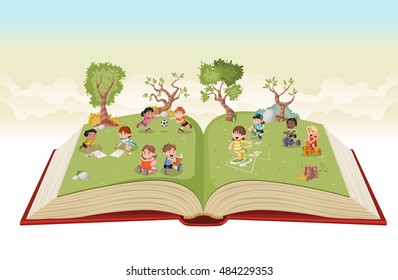 Open book with cute cartoon kids playing on green park. Sports and recreation. 
