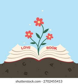 Libro abierto con flores lindas, aprendizaje, Educación y concepto de Vector de conocimiento.