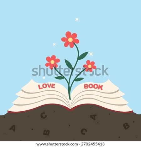 Open book with cute flowers, Learning, Education and knowledge vector concept.