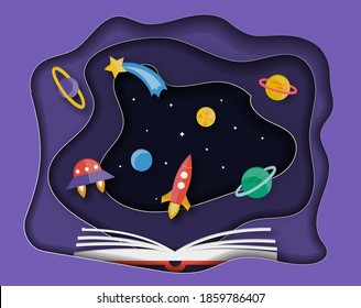 Libro abierto con un lindo cohete de papel, planetas y nave espacial en estilo moderno de papel. Educación infantil o lectura de imaginación para eventos de aprendizaje.