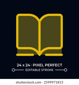 Open book dark color ui icon. Reading literature to study information. Education and leisure. Relaxing hobby. Vector colorful symbol isolated on black. User interface element, pixel perfect