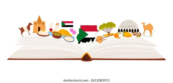 An open book depicting Sudan cultural elements, landmarks, traditional food, and iconic symbols. Represents the nation rich history and heritage, vector illustration