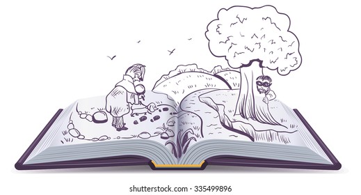 Open book Detective. Detective with dog looking for culprit. Illustration in vector format
