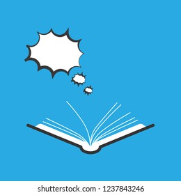 Open book with dialog speech bubble isolated on blue background. Vector modern flat icon. 