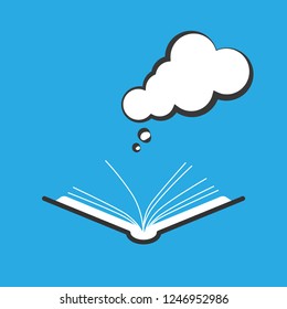 Open book with dialog speech bubble isolated on blue background. Vector modern flat icon. 