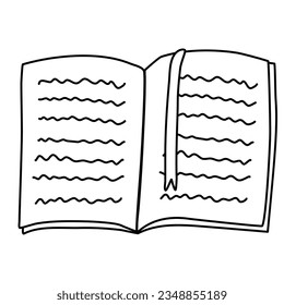 Open book or diary with bookmark, doodle style flat vector outline for coloring book