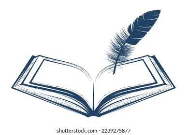 Open book or diary and feather, writer, scriptwriter or poet concept, write a memoirs, vector