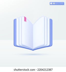 Open book or diary icon symbol. paper blank, bookmark, e-book, magazine, libraly Education concept. 3D vector isolated illustration design. Cartoon pastel Minimal style. For design ux, ui, print ad.