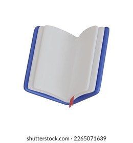 Open book, diary with white paper blank pages and bookmark. 3d vector icon. Cartoon realistic style.