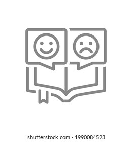 Open book with different emotions line icon. Positive and negative emoji, reader review symbol