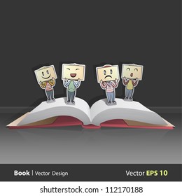 Open book with different emotions.. Vector design. Pop-Up Illustration.