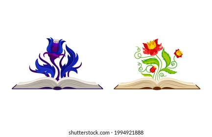 Open Book with Different Fabulous Flowers and Buds Vector Set