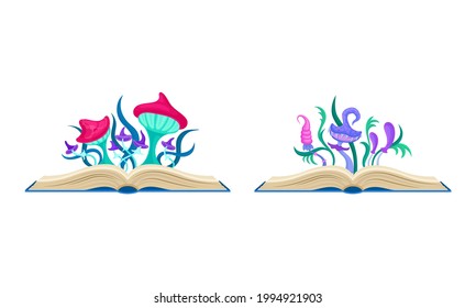 Open Book with Different Fabulous Mushrooms Vector Set