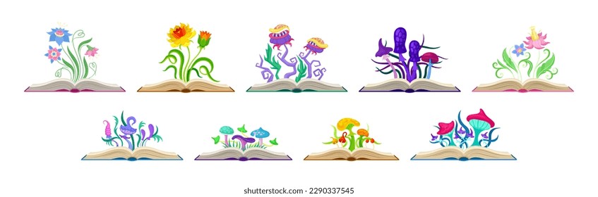 Open Book with Different Fabulous Mushrooms and Flowers Vector Set