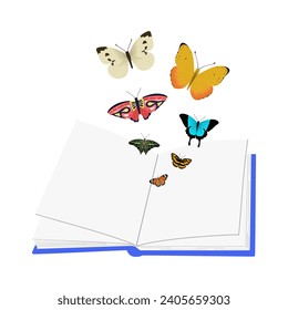 Open book with different flying butterflies. Colorful tropical insects with exotic wings. Knowledge and education concept. World book day. Flat vector illustration isolated on white background