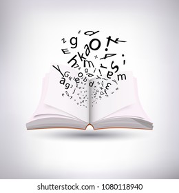 Open book with different flying letters from it. On a light background with a shadow. Vector.