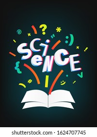 Open book with different symbols. Science vector concept