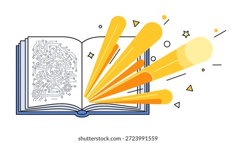 Offenes Buch mit digitalem Leiterplattenmuster und leuchtend gelben Lichtstrahlen, die moderne digitale Bildung und kreative Technologie darstellen