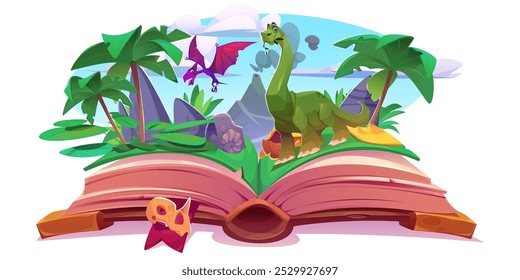 Livro aberto com dinossauros na paisagem da selva. Ilustração em quadrinhos vetoriais de voo pré-histórico de pterodátilos, plantas que se alimentam de brontossauros, erupção vulcânica, palmeiras tropicais, crânio e fósseis