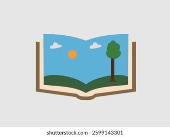 open book displaying a serene landscape scene within its pages