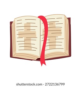Libro abierto que muestra sutiles símbolos cruzados en sus páginas con un marcador rojo que fluye, que representa el estudio religioso, la fe cristiana, la guía espiritual y la escritura sagrada