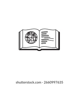 An open book displaying a world globe and text, symbolizing geography, travel, and knowledge. Perfect for educational materials and illustrating global concepts. Vector art.
