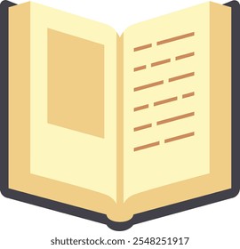 Open book displays an image placeholder and lines of text on cream colored pages, inviting readers to explore its content