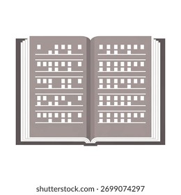 Um livro aberto exibe páginas com um padrão de blocos retangulares, sugerindo texto ou conteúdo dentro das páginas.