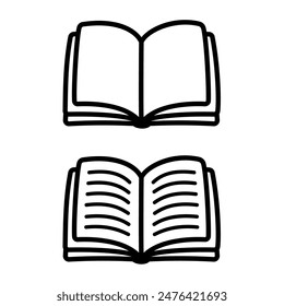 Open book doodle icon, blank and with text. Simple hand drawn vector illustration, line art drawing.