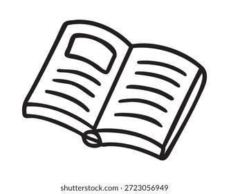 Doodle de libro abierto para la lectura y el estudio, icono clásico del planificador de la escuela, dibujado a mano Monocromo esquema de arte de línea, estilo de contorno limpio, dibujado a mano. Ilustración vectorial.