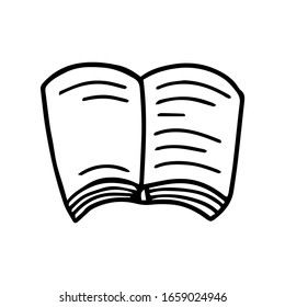 Open book in doodle style isolated on white background. Sign icon. Vector outline illustration. Usable as icon or symbol. Decoration element. Hand drawn black sketch.
