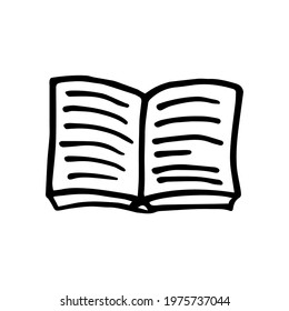 Open book in doodle style.Textbook vector illustration isolated on white background. Hand drawing simple logo for school or university library.