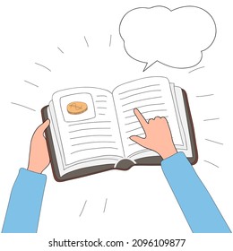 libro abierto con un dibujo de una moneda en la mano, caricatura