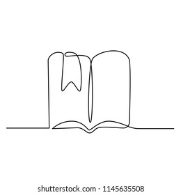 An open book is drawn by one black line on a white background Continuous line drawing. Vector illustration.