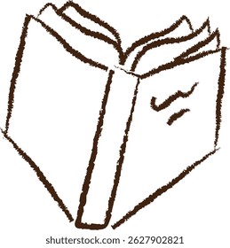 An open book drawn with rough lines and simple strokes. The illustration depicts a book with visible pages and a textured appearance. Cartoon vector illustration.