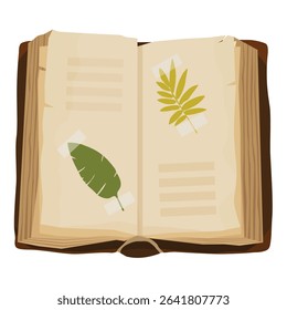 Open book with dried flowers and leaves, herbarium. Cozy autumn. For education, botany, biology, learning, school, and natural science. Vector illustration