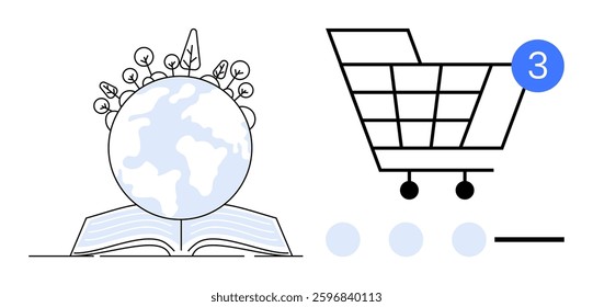 Open book with Earth globe and plants. Nearby, a shopping cart with a notification. Ideal for education, e-commerce, global connections, environmental awareness, online services, digital education