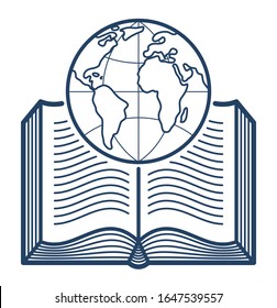Open book with earth planet vector linear icon, geography or travel literature line art symbol or logo.