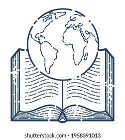 Open book with earth planet vector linear icon, geography or travel literature line art symbol or logo.