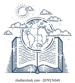 Open book with earth planet vector linear icon, geography or travel literature line art symbol or logo.